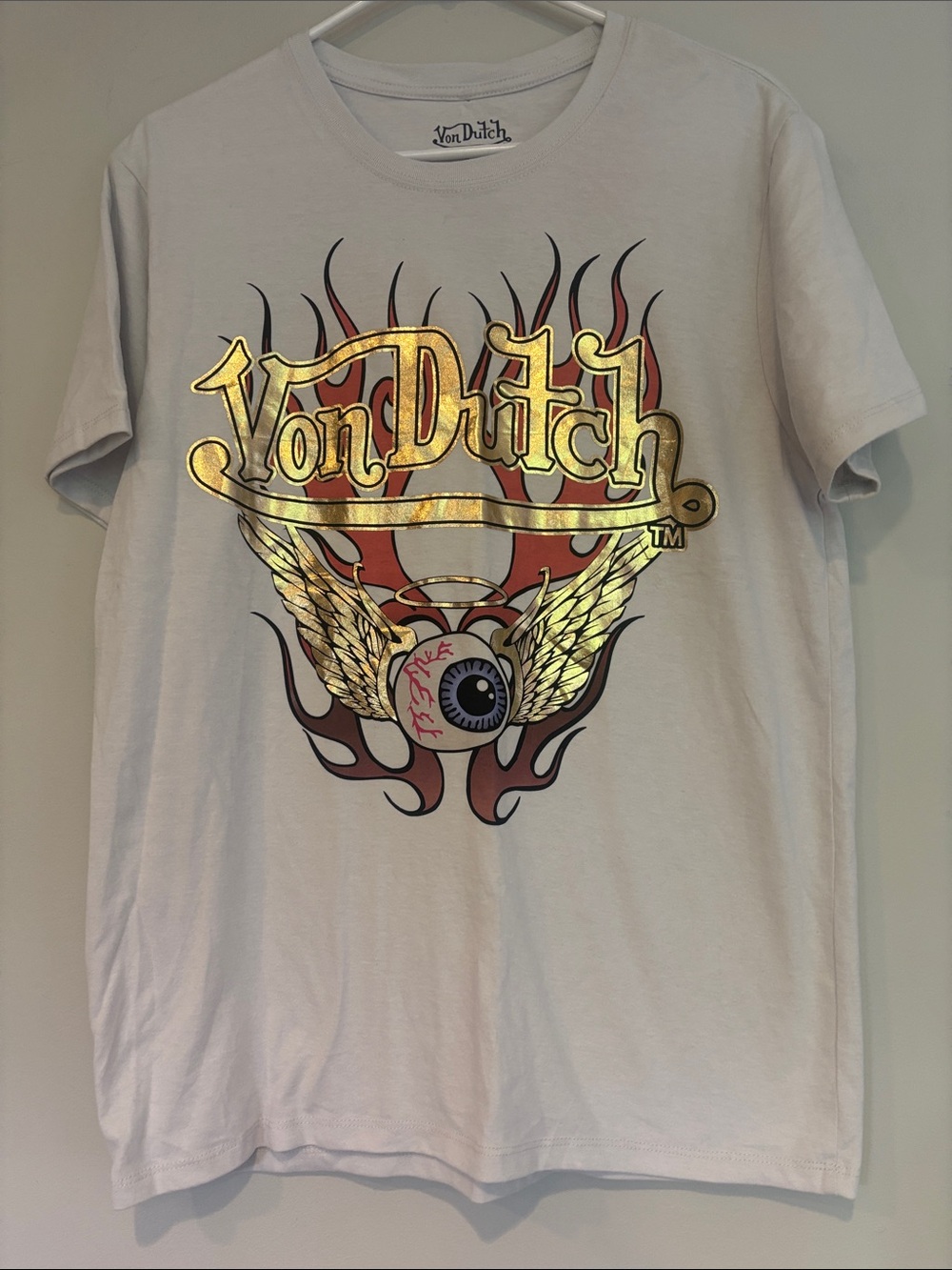 Von Dutch White Tee with Gold Foil Logo and Red Flame Eyeball Graphic